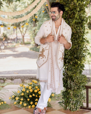 Rithvik Dhanjani in Kranthi ivory Jacket kurta set with trouser and Dupatta