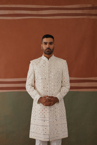 Zafar - Real Mirror Work Sherwani Set Pearl White