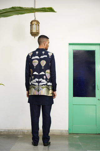 Naksh Navy Blue Linen Front Open Long Jacket Set