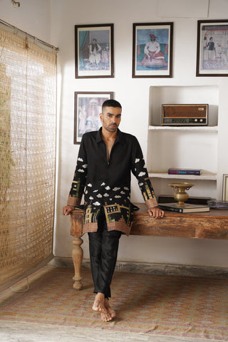 Rudra Black Linen Zipper Front Open Kurta Set