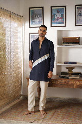 Tarak Navy Blue Linen Pathani Set