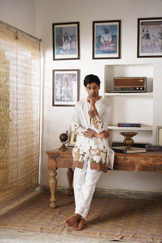 Anant Off White Linen Zipper Front Open Kurta Set
