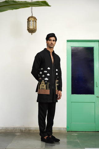 Kshitiz Black Linen Front Open Long Jacket Set