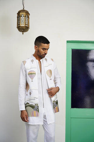 Umair White Linen Front Open Long Jacket Set
