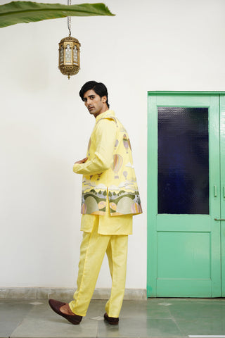 Yash Yellow Linen Front Open Long Jacket Set
