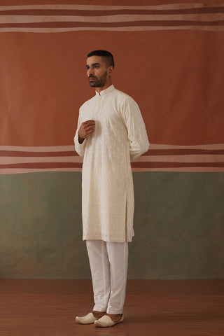 Karan Tacker in Nivan - Ivory Embroidered Kurta Trouser Set With Dupatta