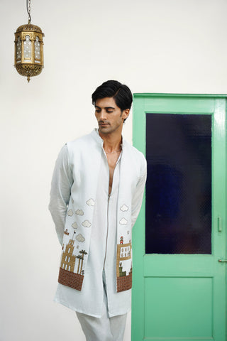Sagar Sky Blue Linen Front Open Long Jacket Set