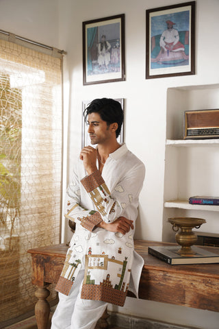 Anant Off White Linen Zipper Front Open Kurta Set
