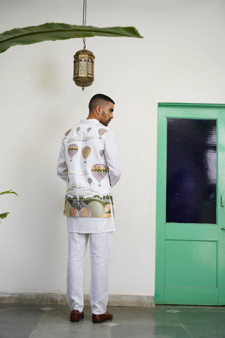Umair White Linen Front Open Long Jacket Set