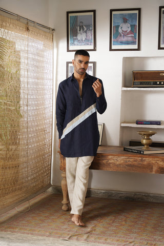 Tarak Navy Blue Linen Pathani Set