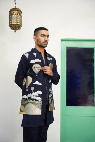 Naksh Navy Blue Linen Front Open Long Jacket Set