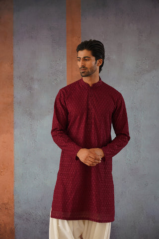 Qais - Wine Embroidered Kurta Set With Patiyala and Dupatta