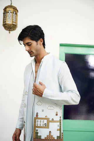 Sagar Sky Blue Linen Front Open Long Jacket Set