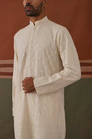 Karan Tacker in Nivan - Ivory Embroidered Kurta Trouser Set With Dupatta