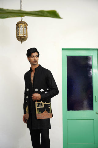 Kshitiz Black Linen Front Open Long Jacket Set