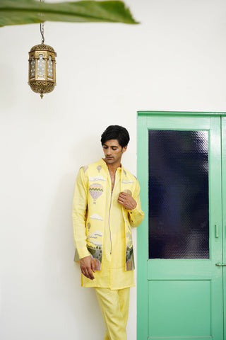 Yash Yellow Linen Front Open Long Jacket Set