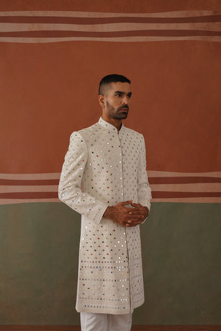Zafar - Real Mirror Work Sherwani Set Pearl White