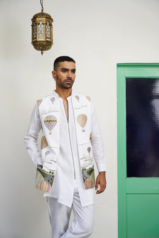 Umair White Linen Front Open Long Jacket Set