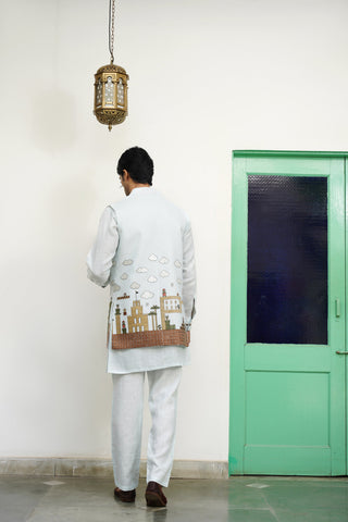 Sagar Sky Blue Linen Front Open Long Jacket Set