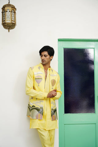 Yash Yellow Linen Front Open Long Jacket Set