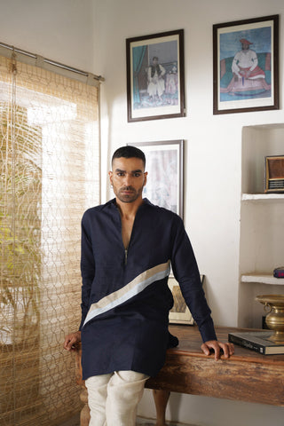 Tarak Navy Blue Linen Pathani Set
