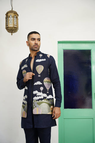 Naksh Navy Blue Linen Front Open Long Jacket Set