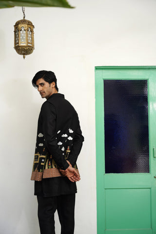 Kshitiz Black Linen Front Open Long Jacket Set