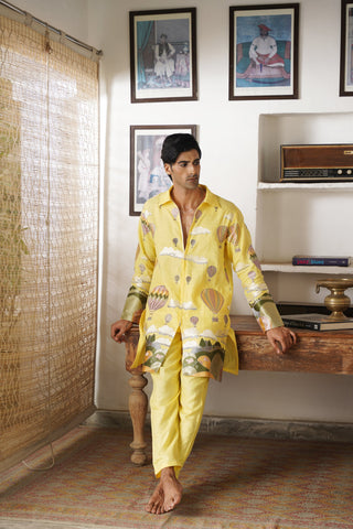 Arnav Yellow Linen Zipper Front Open Kurta Set