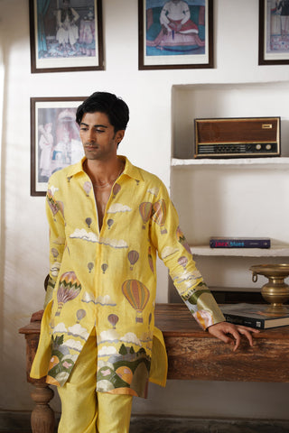 Arnav Yellow Linen Zipper Front Open Kurta Set