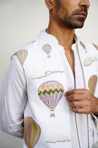 Umair White Linen Front Open Long Jacket Set