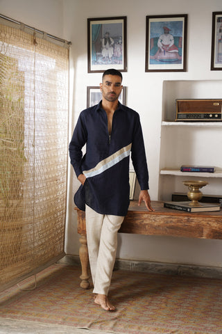 Tarak Navy Blue Linen Pathani Set