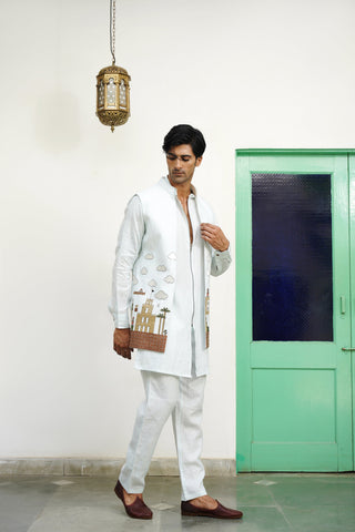 Sagar Sky Blue Linen Front Open Long Jacket Set