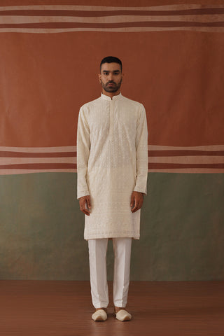 Karan Tacker in Nivan - Ivory Embroidered Kurta Trouser Set With Dupatta