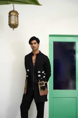 Kshitiz Black Linen Front Open Long Jacket Set