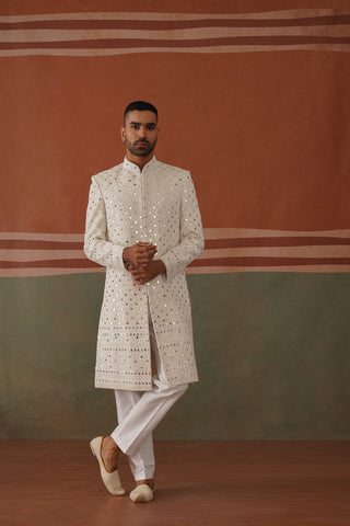Zafar - Real Mirror Work Sherwani Set Pearl White