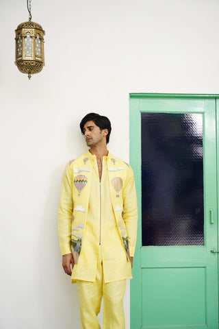 Yash Yellow Linen Front Open Long Jacket Set