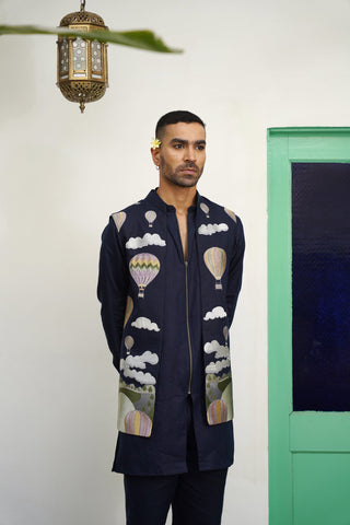 Naksh Navy Blue Linen Front Open Long Jacket Set