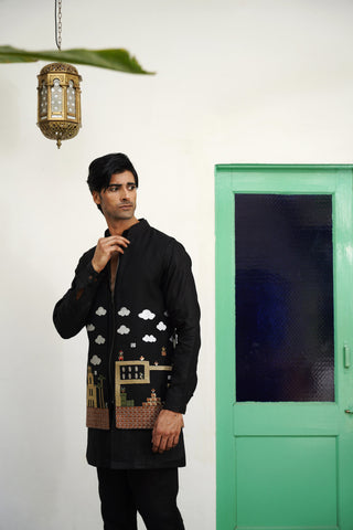 Kshitiz Black Linen Front Open Long Jacket Set