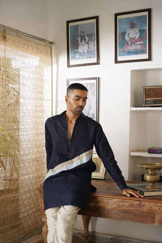 Tarak Navy Blue Linen Pathani Set