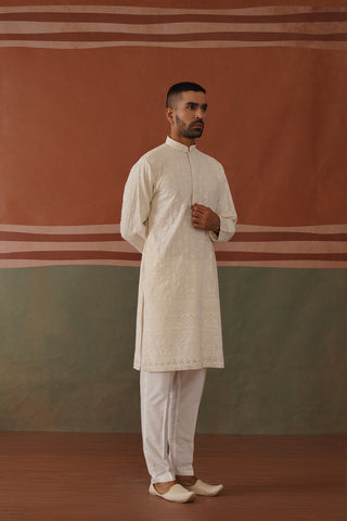 Karan Tacker in Nivan - Ivory Embroidered Kurta Trouser Set With Dupatta