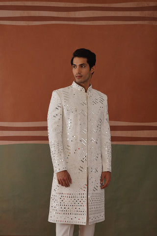Kyran - Real Mirror Work Sherwani Set White