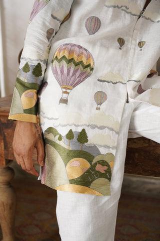 Yuvaan Off White Linen Zipper Front Open Kurta Set