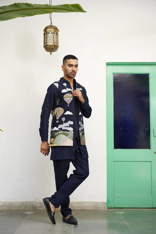 Naksh Navy Blue Linen Front Open Long Jacket Set