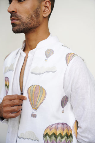 Umair White Linen Front Open Long Jacket Set