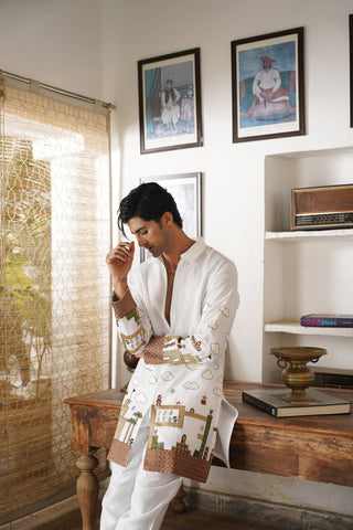 Anant Off White Linen Zipper Front Open Kurta Set