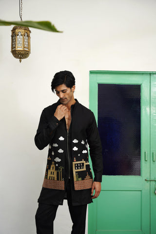 Kshitiz Black Linen Front Open Long Jacket Set