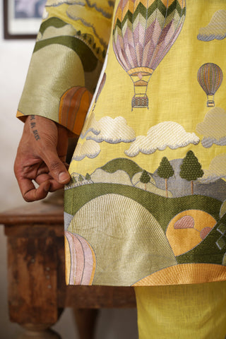 Arnav Yellow Linen Zipper Front Open Kurta Set