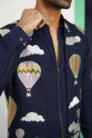 Naksh Navy Blue Linen Front Open Long Jacket Set