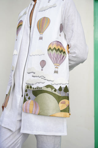 Umair White Linen Front Open Long Jacket Set