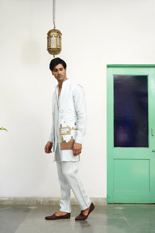 Sagar Sky Blue Linen Front Open Long Jacket Set
